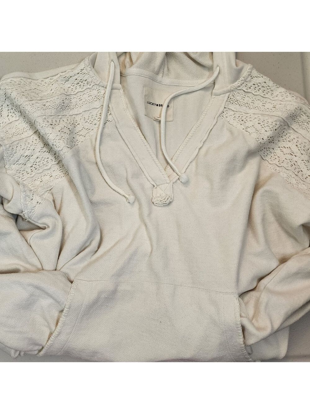 Lucky Brand Crochet Lace Trim Baja Hoodie XL Cream Boho NWOT 146721 - Picture 3 of 7